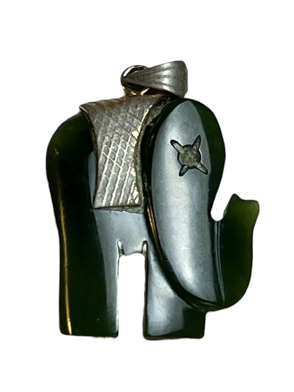 Vintage Carved Elephant Pendant Green Gray Stone Resin Charm Mid Century
